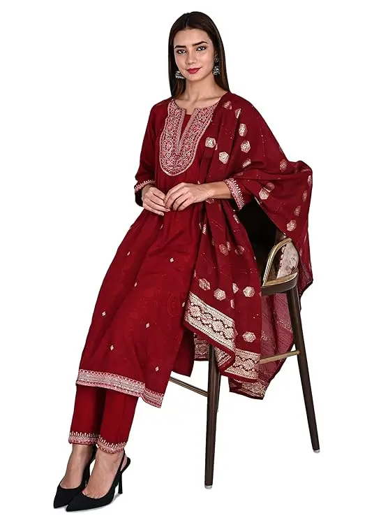 Women's Maroon Cotton Salwar Suit Set with Embroidered Traditional 3-Piece Ethnic Wear