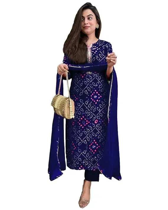 Women's Rayon Viscose Straight Bandhej Printed Kurta with Pant & Dupatta