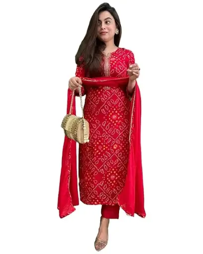 Women's Rayon Viscose Straight Bandhej Printed Kurta with Pant & Dupatta